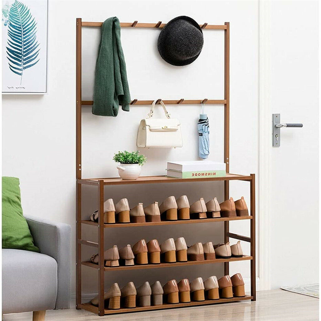 Bamboo 5-Tier Hat Coat Shoe Rack Entryway Bench Hanger Storage 7