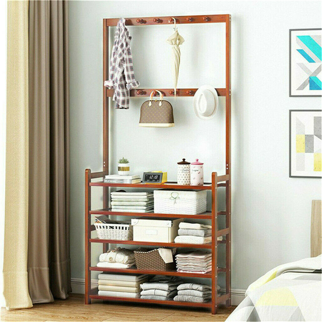Bamboo 5-Tier Hat Coat Shoe Rack Entryway Bench Hanger Storage 8
