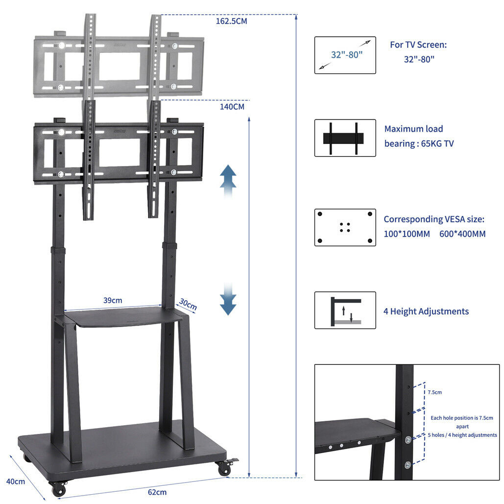 32-80 Rolling TV Stand with 2-Tier Shelf Adjustable Mount 4