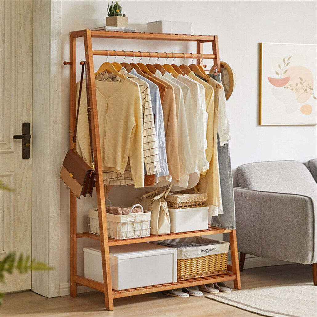 Bamboo Garment Rack Portable Laundry Storage Nature - 5