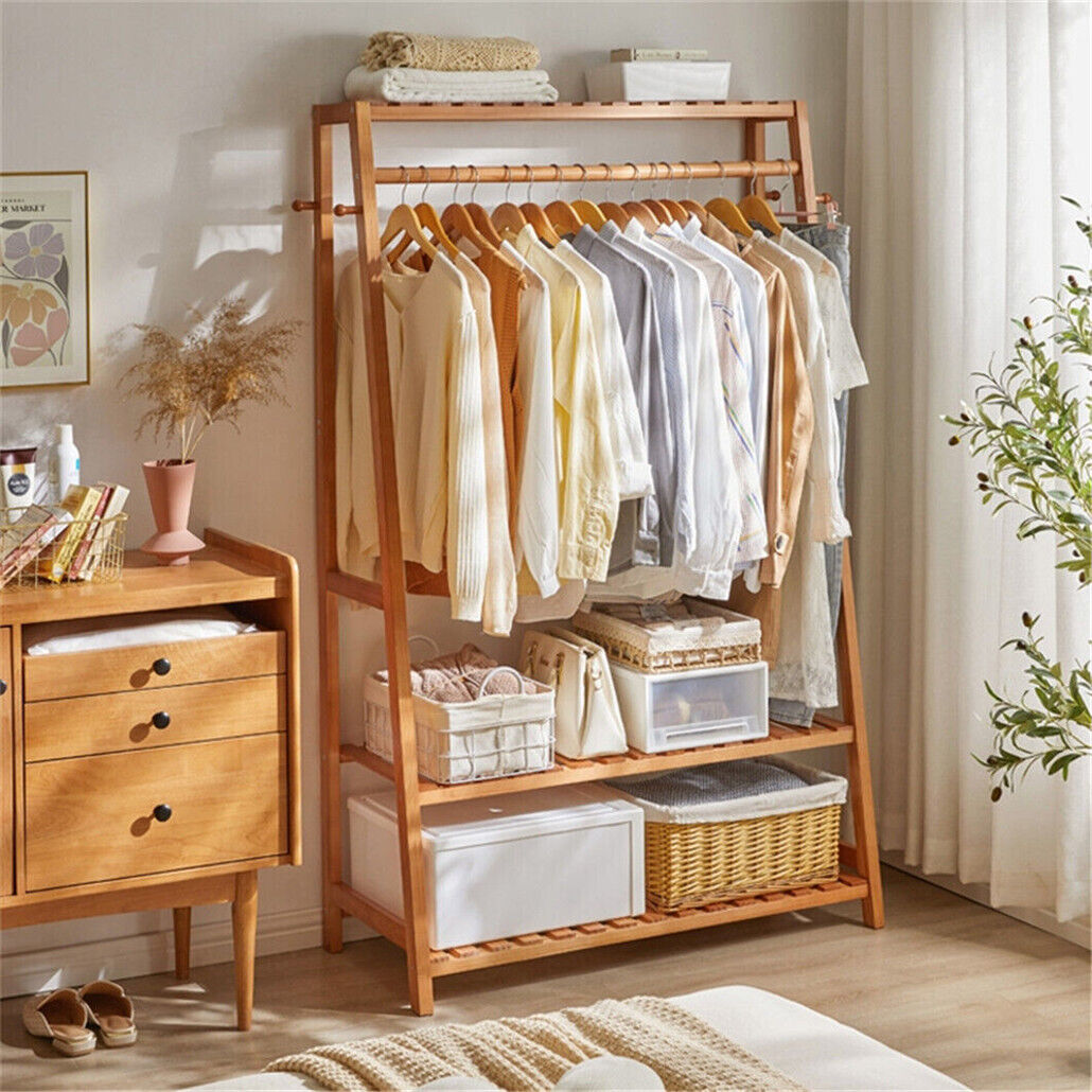 Bamboo Garment Rack Portable Laundry Storage Nature - 6