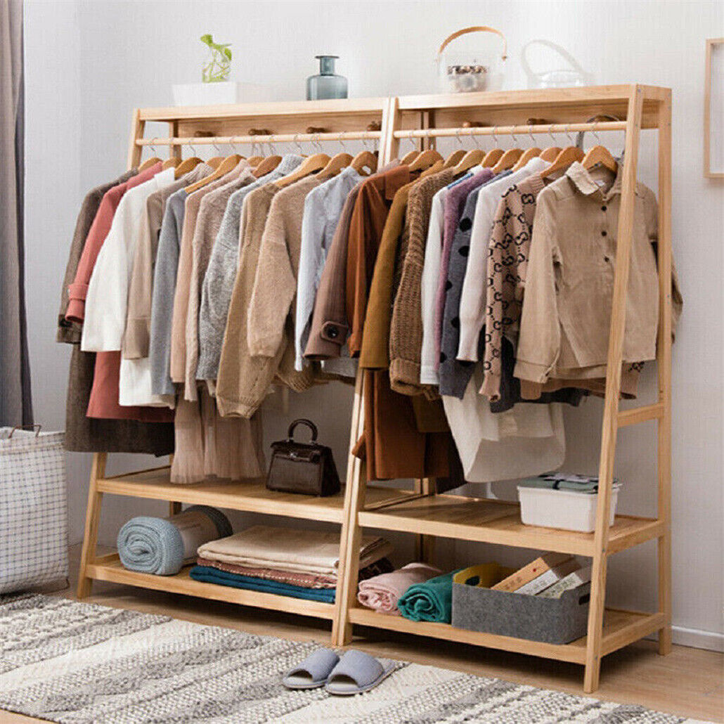 Bamboo Garment Rack Portable Laundry Storage Nature - 7