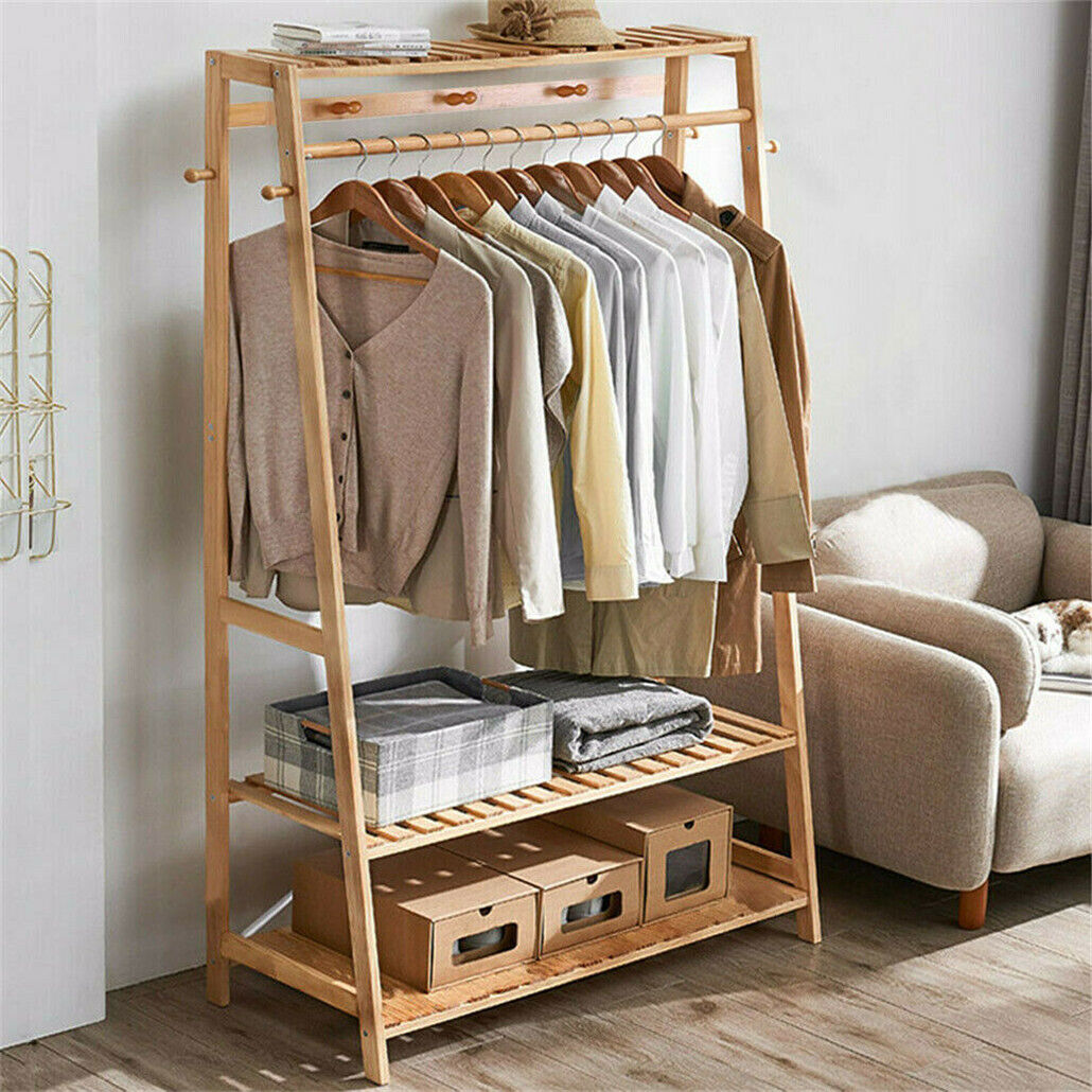 Bamboo Garment Rack Portable Laundry Storage Nature - 9