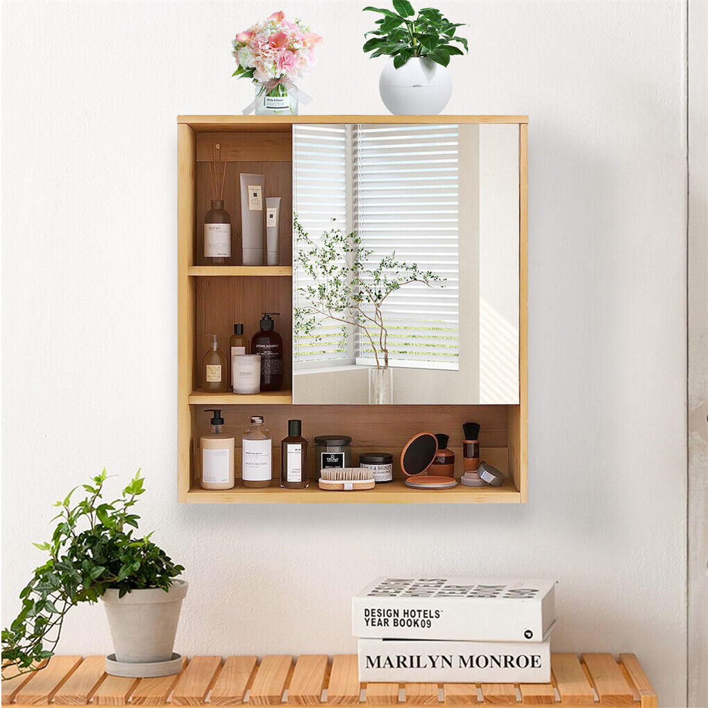 Bamboo Wall Medicine Cabinet Mirror 55.5cm 5 Shelf 3