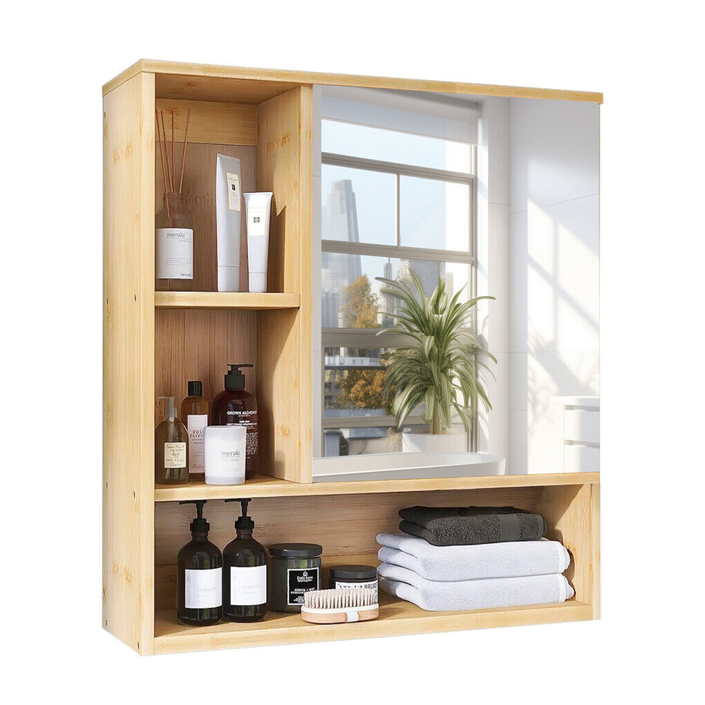 Bamboo Wall Medicine Cabinet Mirror 55.5cm 5 Shelf 4