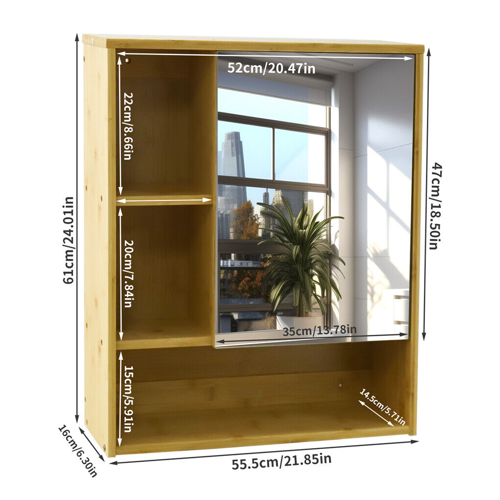Bamboo Wall Medicine Cabinet Mirror 55.5cm 5 Shelf 7