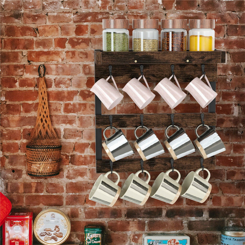 Wooden Wall Mounted Coffee Mug Rack 12 Hooks Cup Holder 3