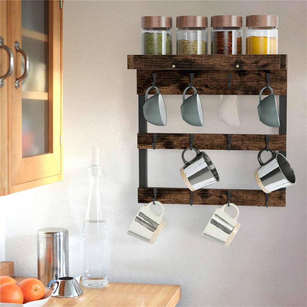 Wooden Wall Mounted Coffee Mug Rack 12 Hooks Cup Holder 4