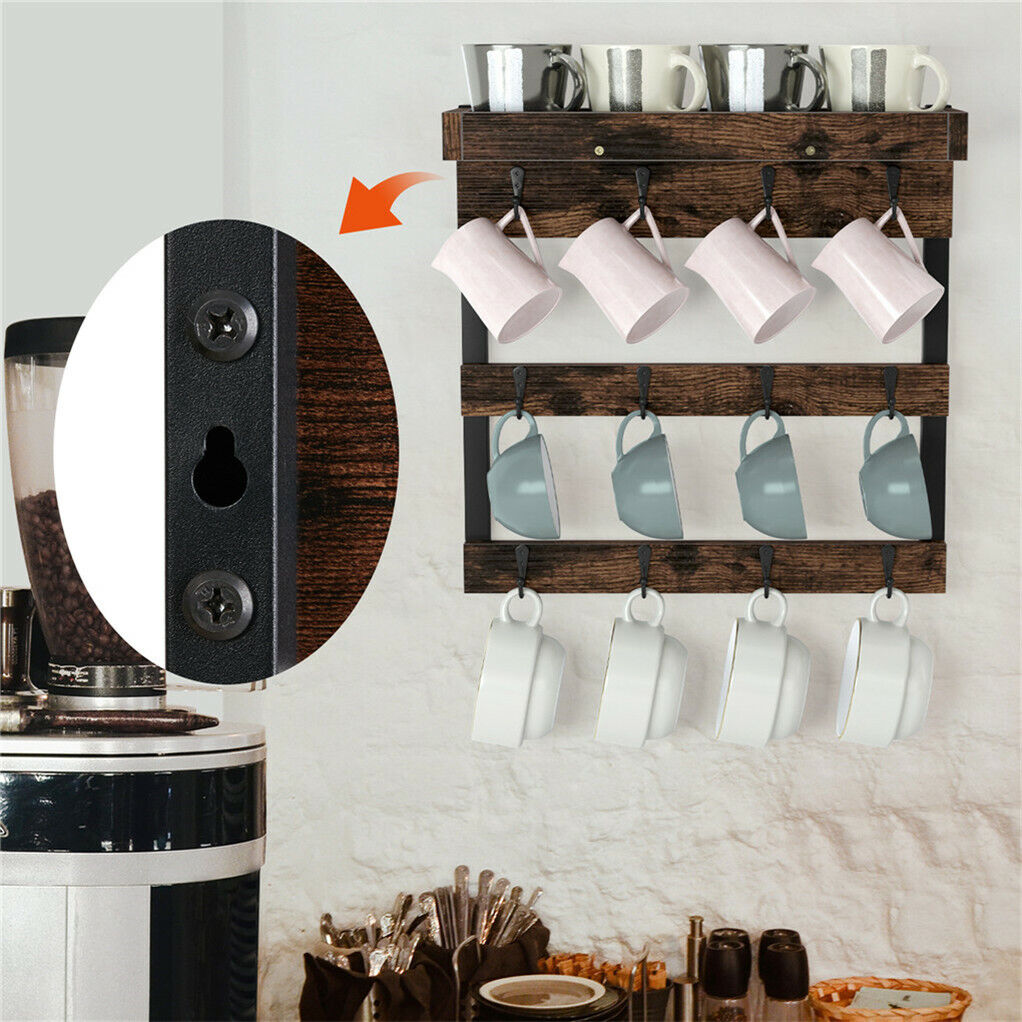 Wooden Wall Mounted Coffee Mug Rack 12 Hooks Cup Holder 5