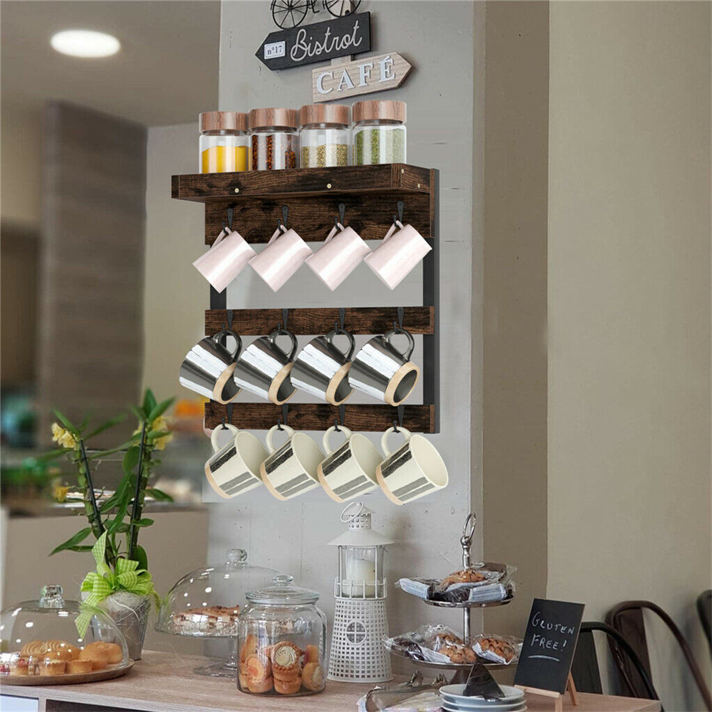 Wooden Wall Mounted Coffee Mug Rack 12 Hooks Cup Holder 6