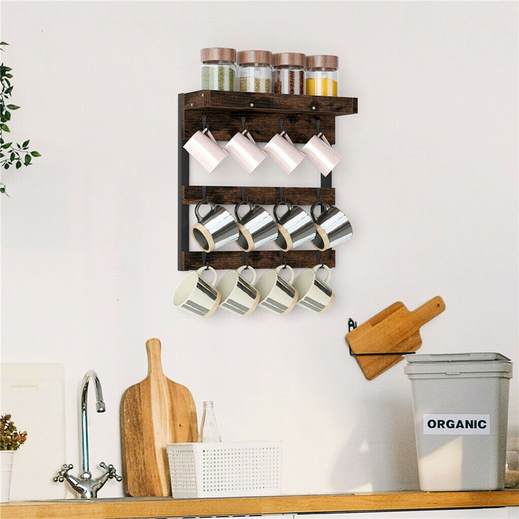 Wooden Wall Mounted Coffee Mug Rack 12 Hooks Cup Holder 7