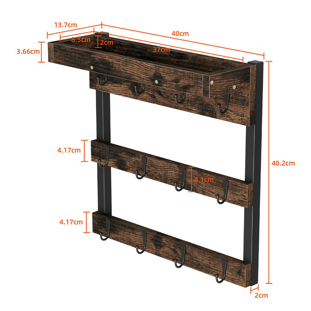 Wooden Wall Mounted Coffee Mug Rack 12 Hooks Cup Holder 8