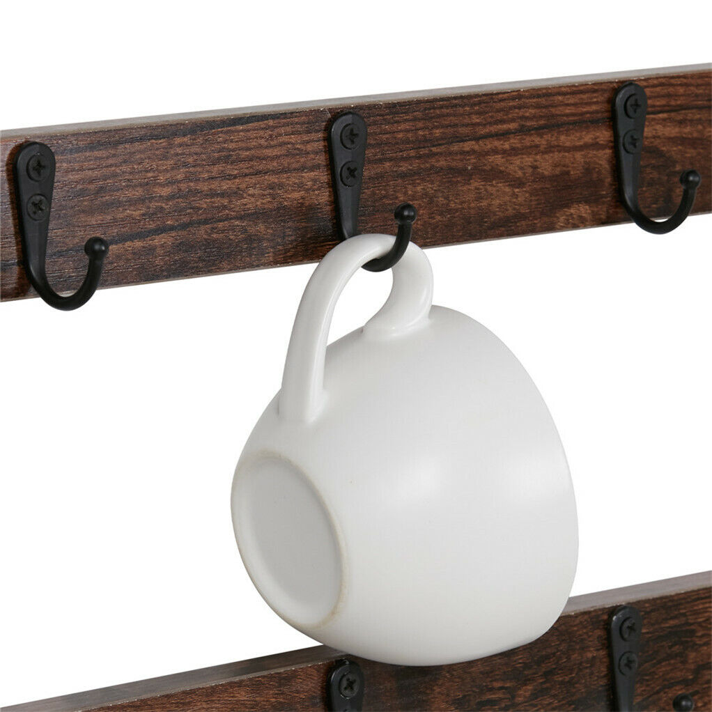 Wooden Wall Mounted Coffee Mug Rack 12 Hooks Cup Holder 9