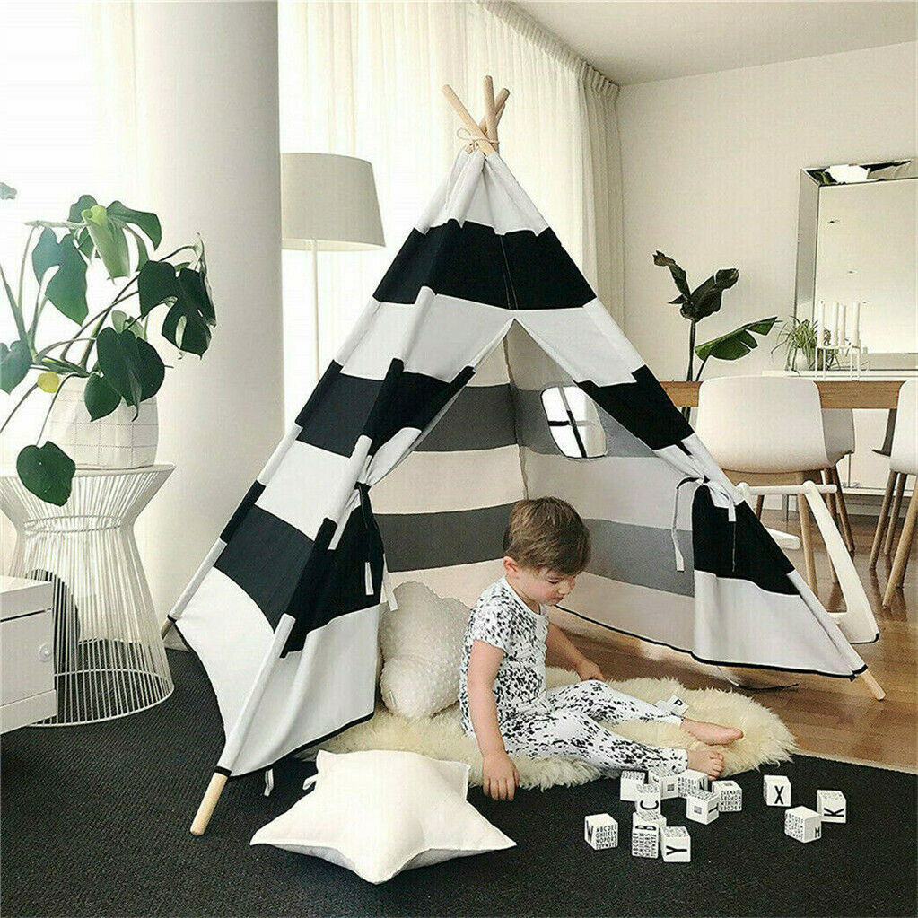 Kids Teepee Tent Linen Wood Black White Stripe Playhouse Indoor Garden 3