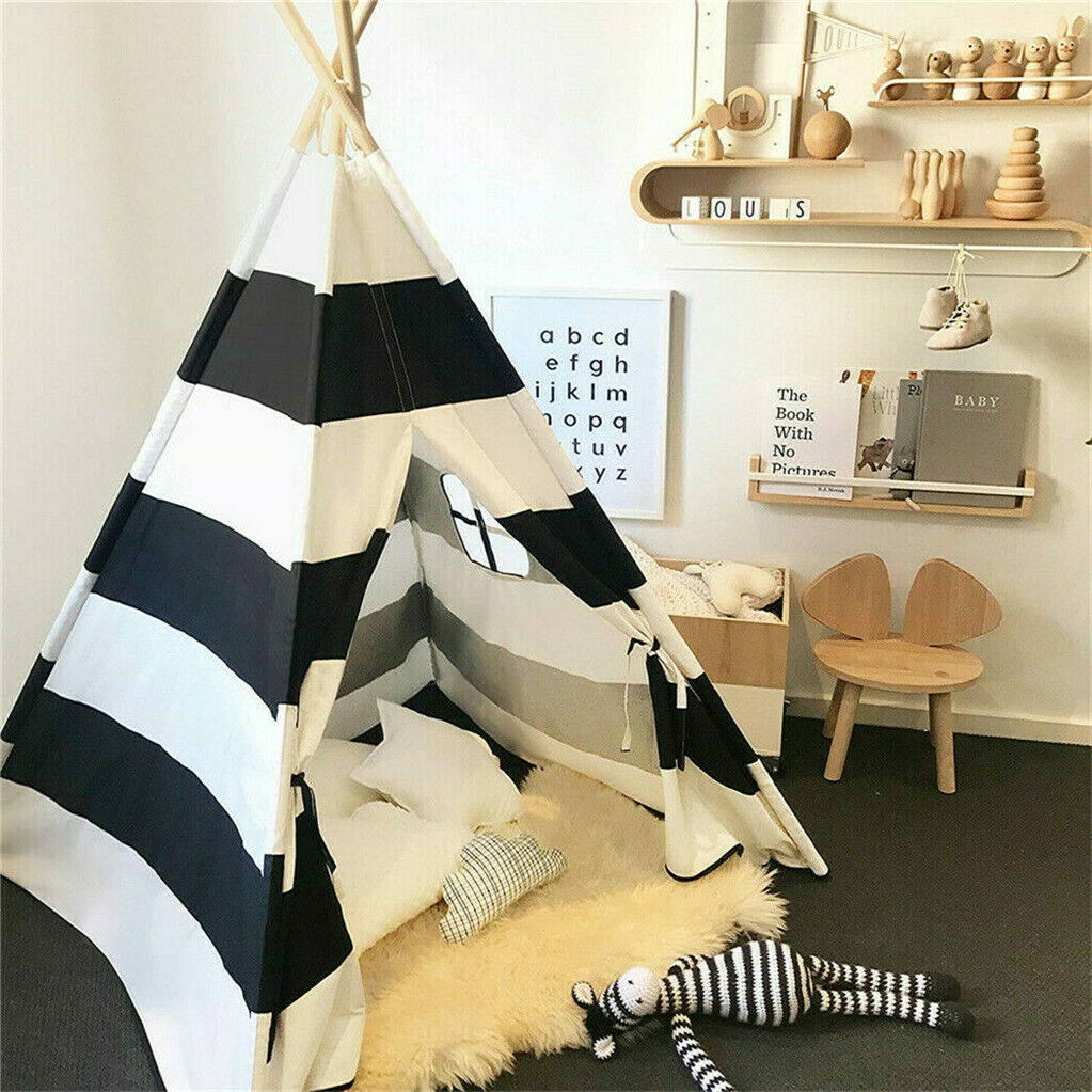 Kids Teepee Tent Linen Wood Black White Stripe Playhouse Indoor Garden 4