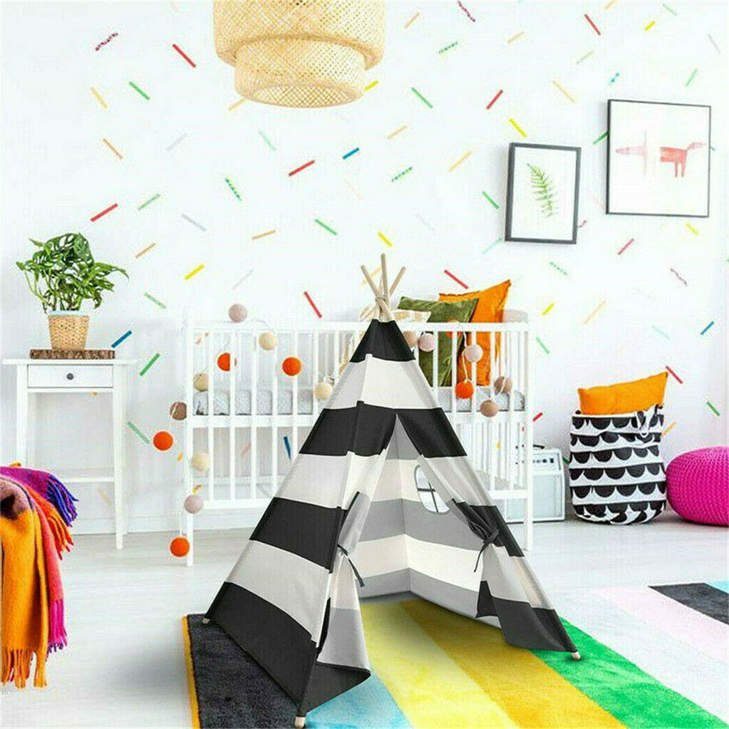 Kids Teepee Tent Linen Wood Black White Stripe Playhouse Indoor Garden 5