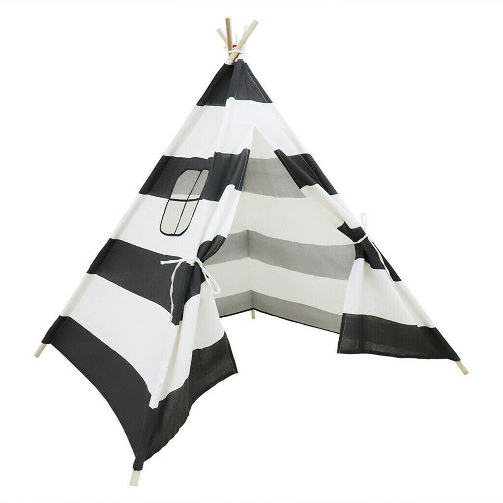 Kids Teepee Tent Linen Wood Black White Stripe Playhouse Indoor Garden 6