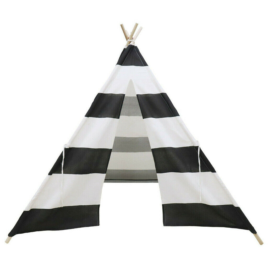 Kids Teepee Tent Linen Wood Black White Stripe Playhouse Indoor Garden 7