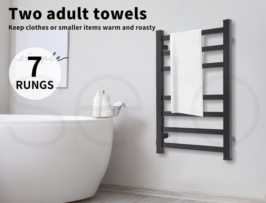 Aluminium Heated Towel Rail 7-Bar Electric Warmer Black 7