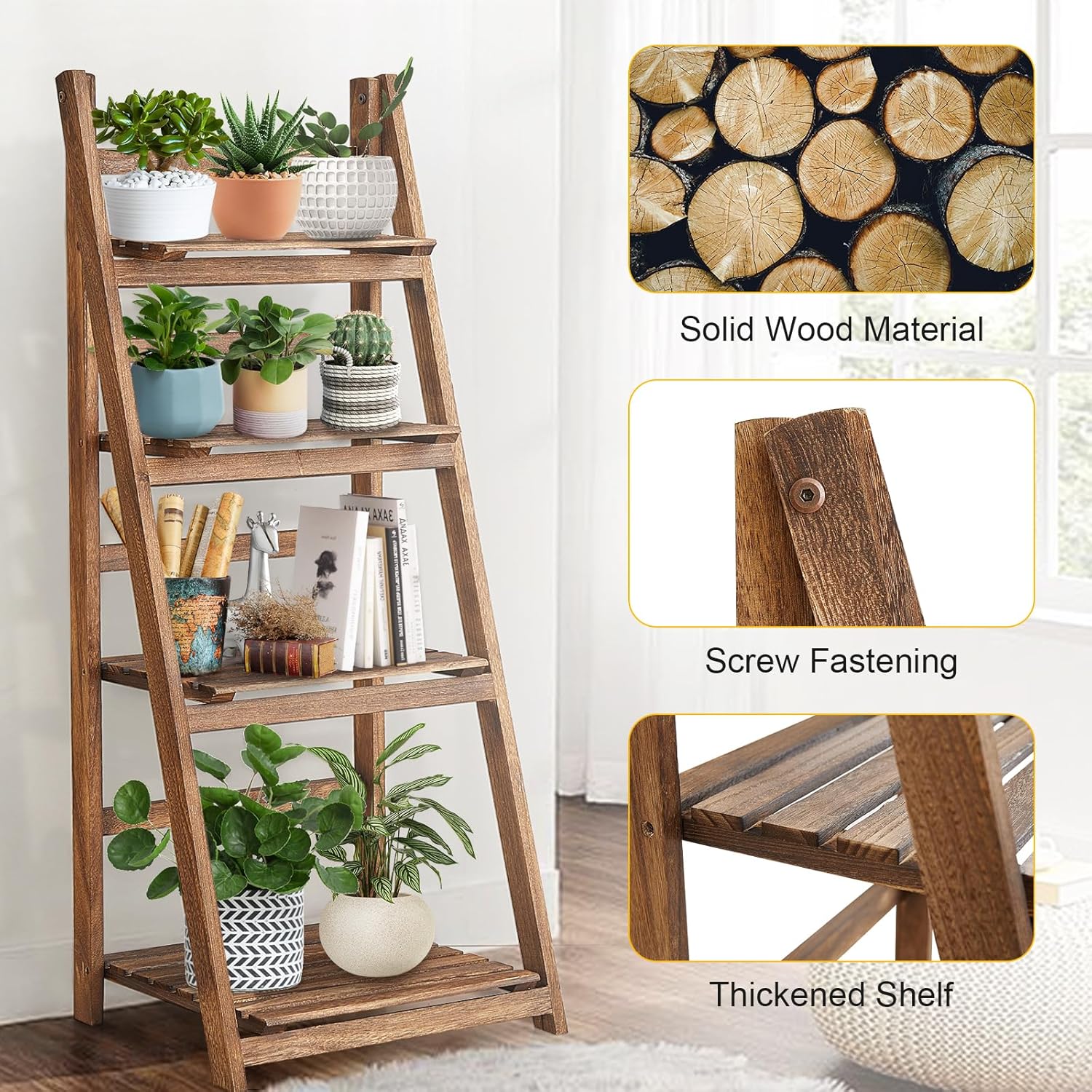 Rustic Wood 4 Tier Plant Stand Bookshelf 38CM Corner Shelf 3