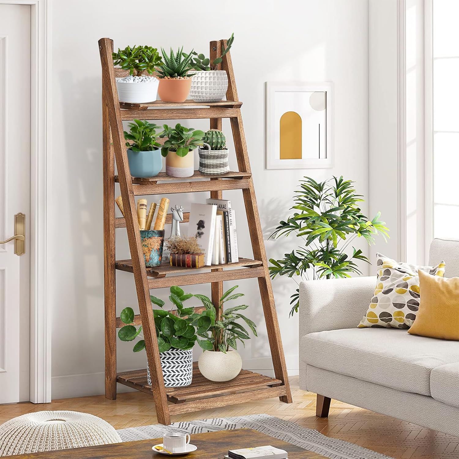 Rustic Wood 4 Tier Plant Stand Bookshelf 38CM Corner Shelf 4