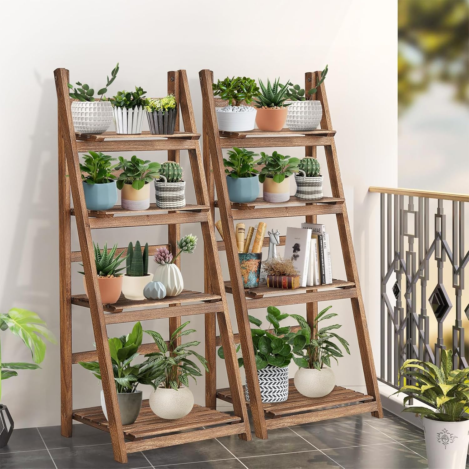 Rustic Wood 4 Tier Plant Stand Bookshelf 38CM Corner Shelf 6