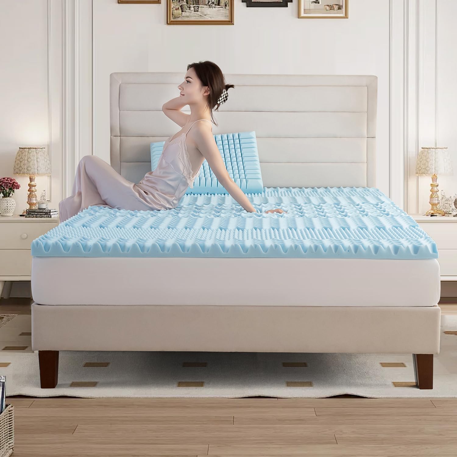 Queen Memory Foam Mattress Topper 7-Zone Bamboo Cover Breathable 9