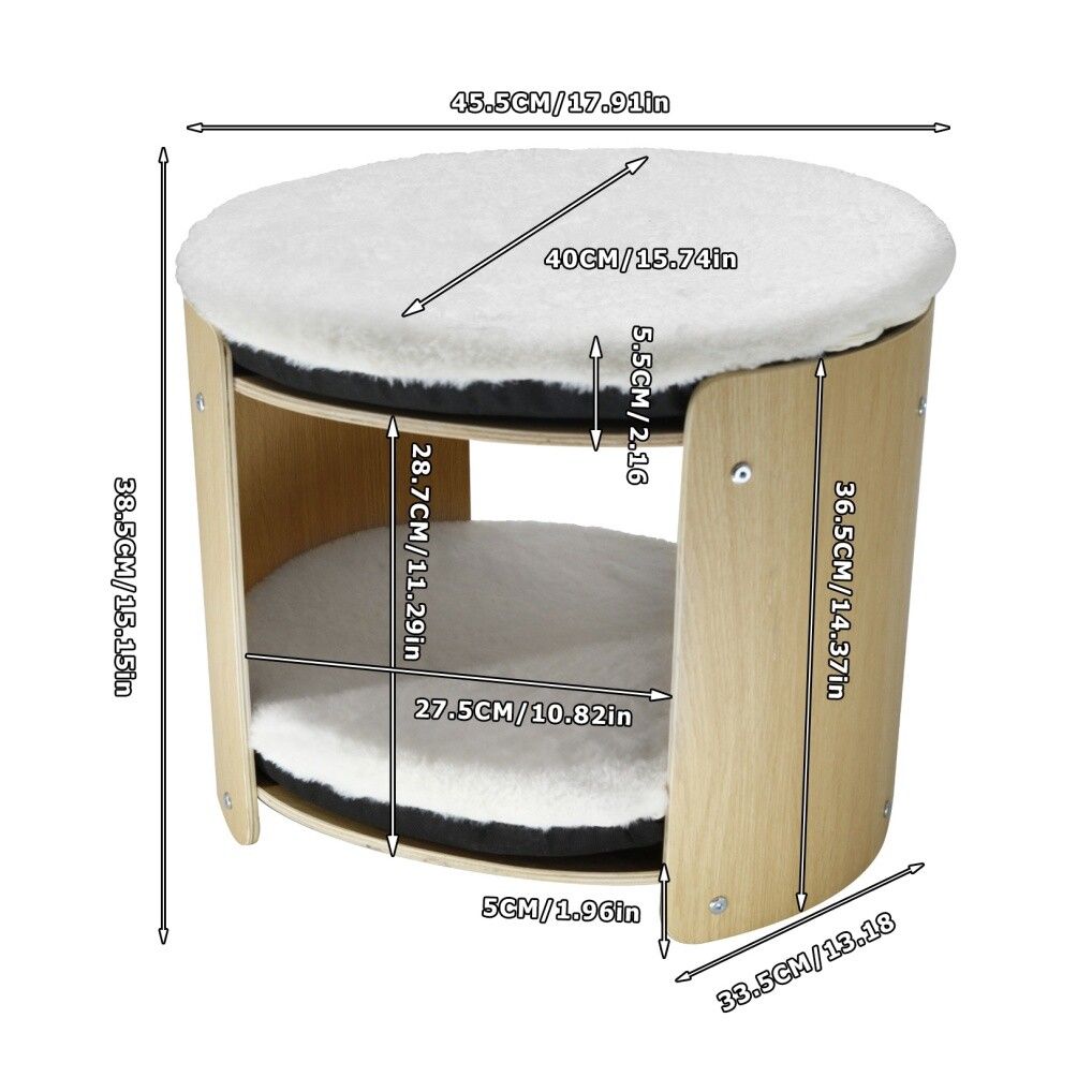 Elevated Double Cat Bed 2-Tier Wooden Plush Kitten Lounge 3