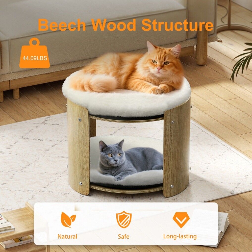 Elevated Double Cat Bed 2-Tier Wooden Plush Kitten Lounge 4