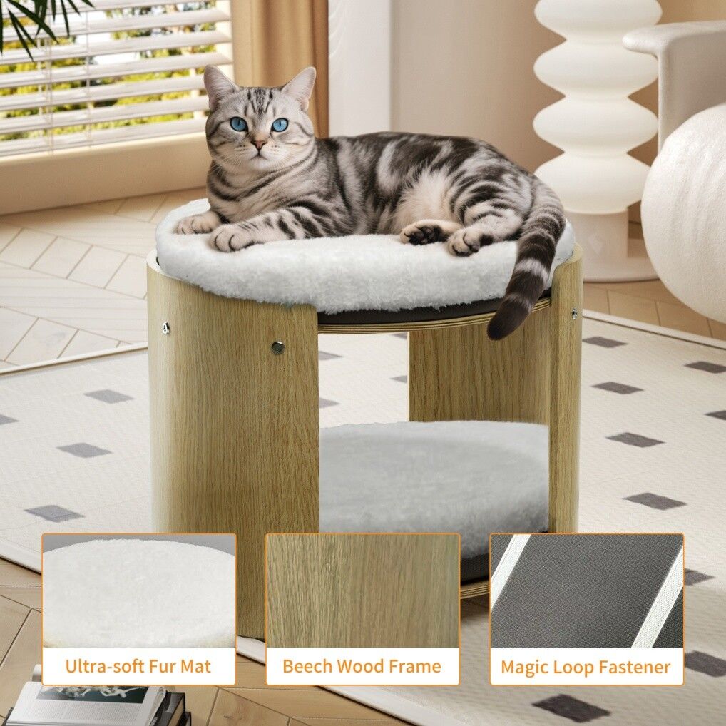 Elevated Double Cat Bed 2-Tier Wooden Plush Kitten Lounge 5