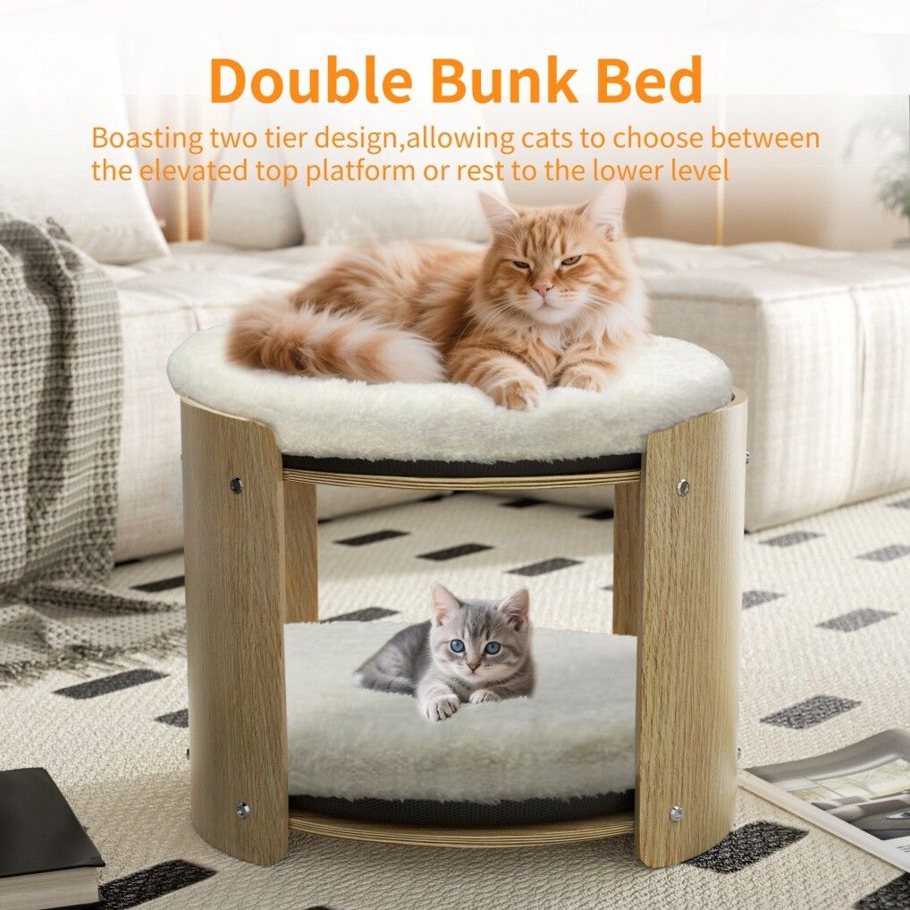 Elevated Double Cat Bed 2-Tier Wooden Plush Kitten Lounge 6