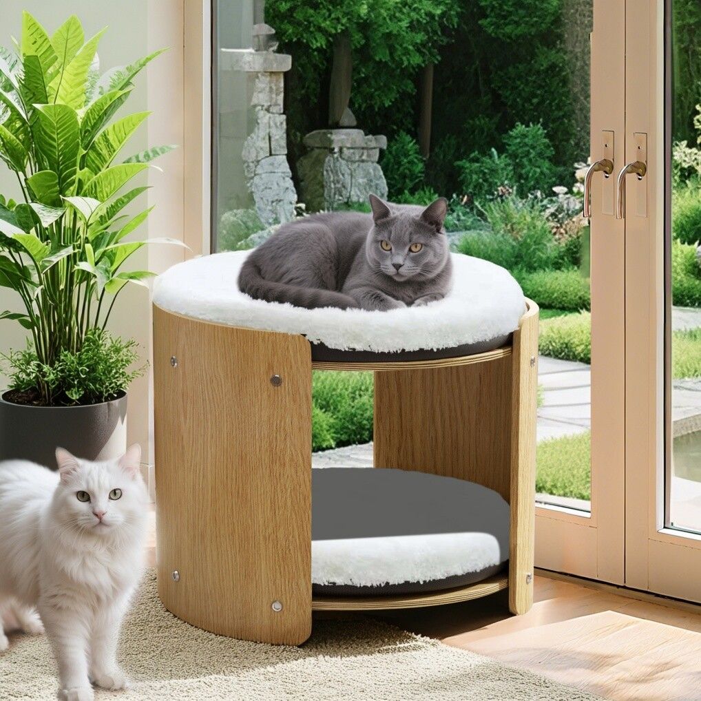 Elevated Double Cat Bed 2-Tier Wooden Plush Kitten Lounge 7