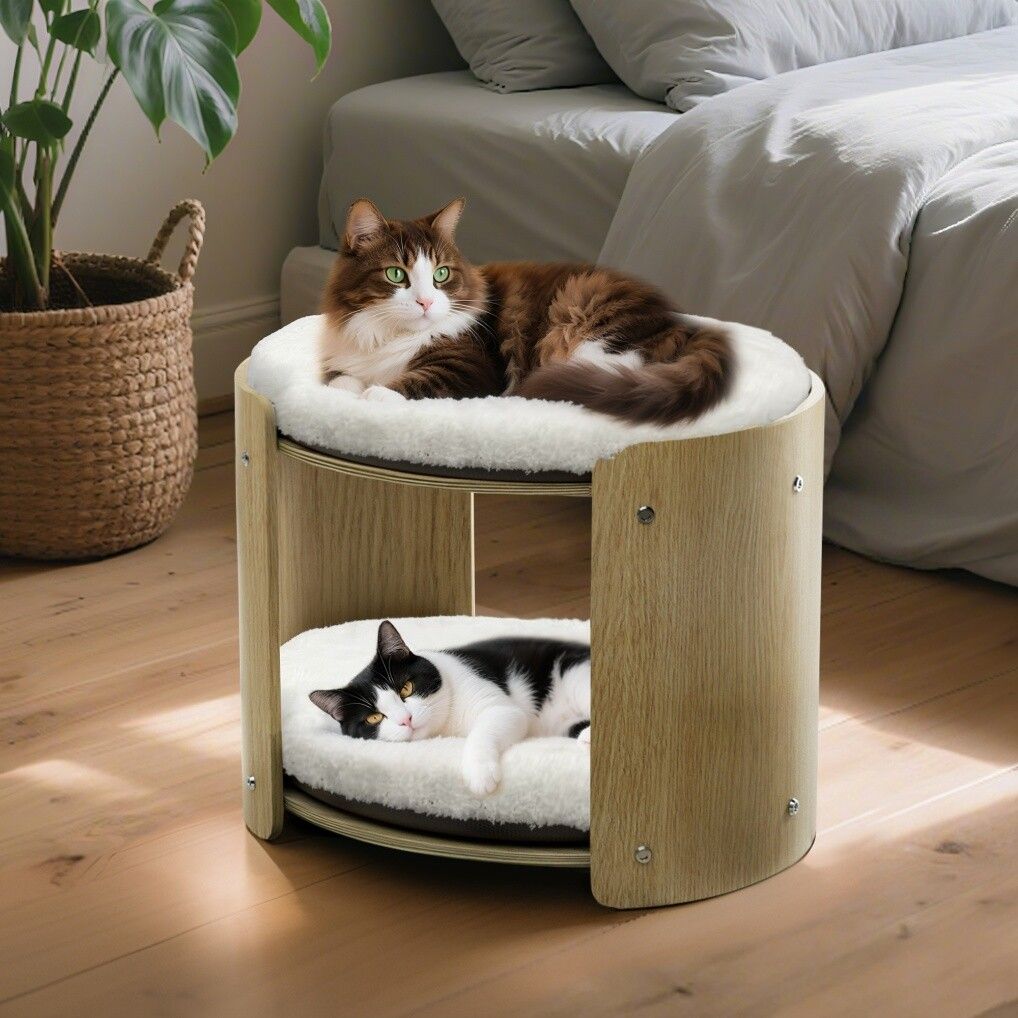 Elevated Double Cat Bed 2-Tier Wooden Plush Kitten Lounge 8