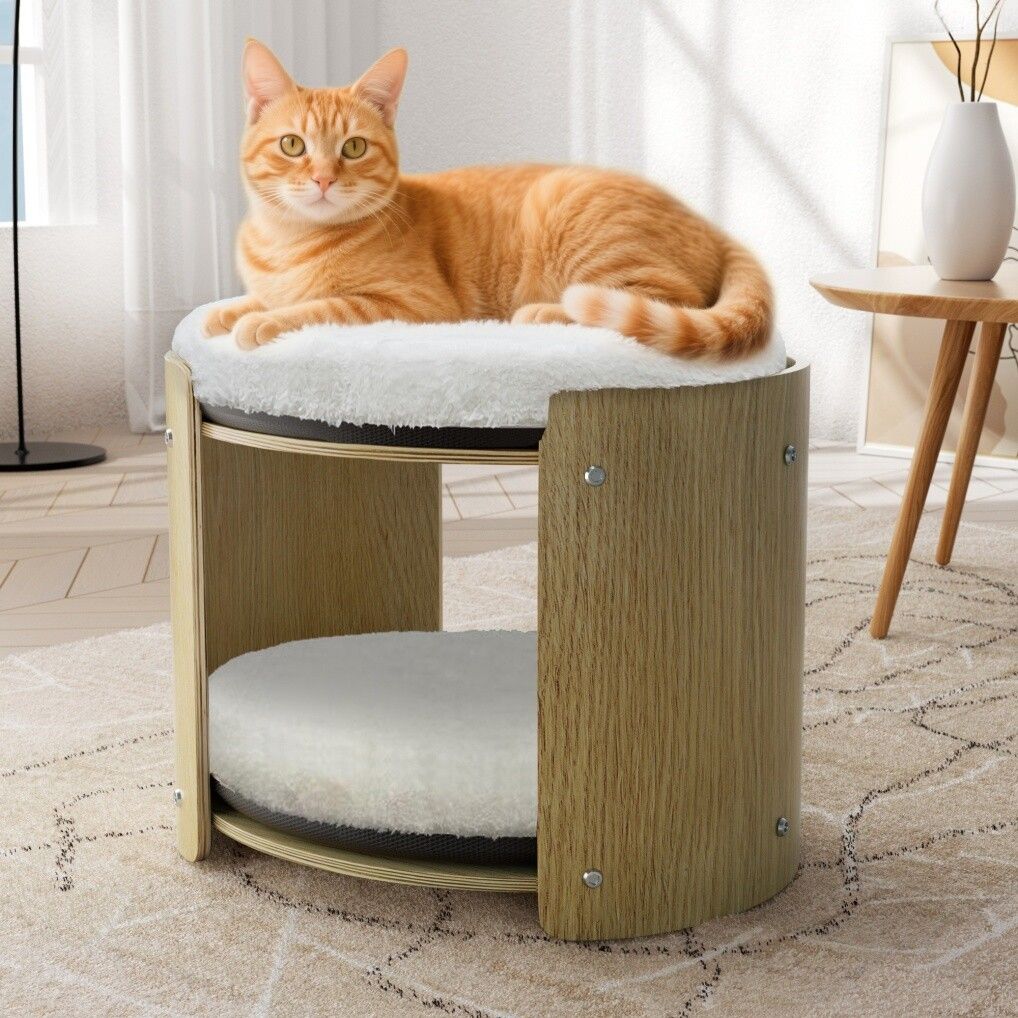 Elevated Double Cat Bed 2-Tier Wooden Plush Kitten Lounge 9