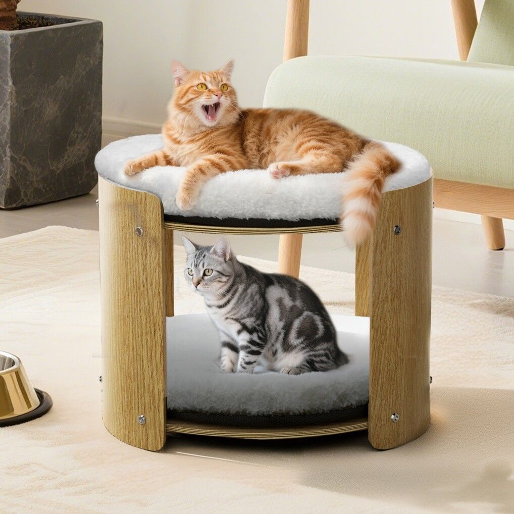 Elevated Double Cat Bed 2-Tier Wooden Plush Kitten Lounge 10