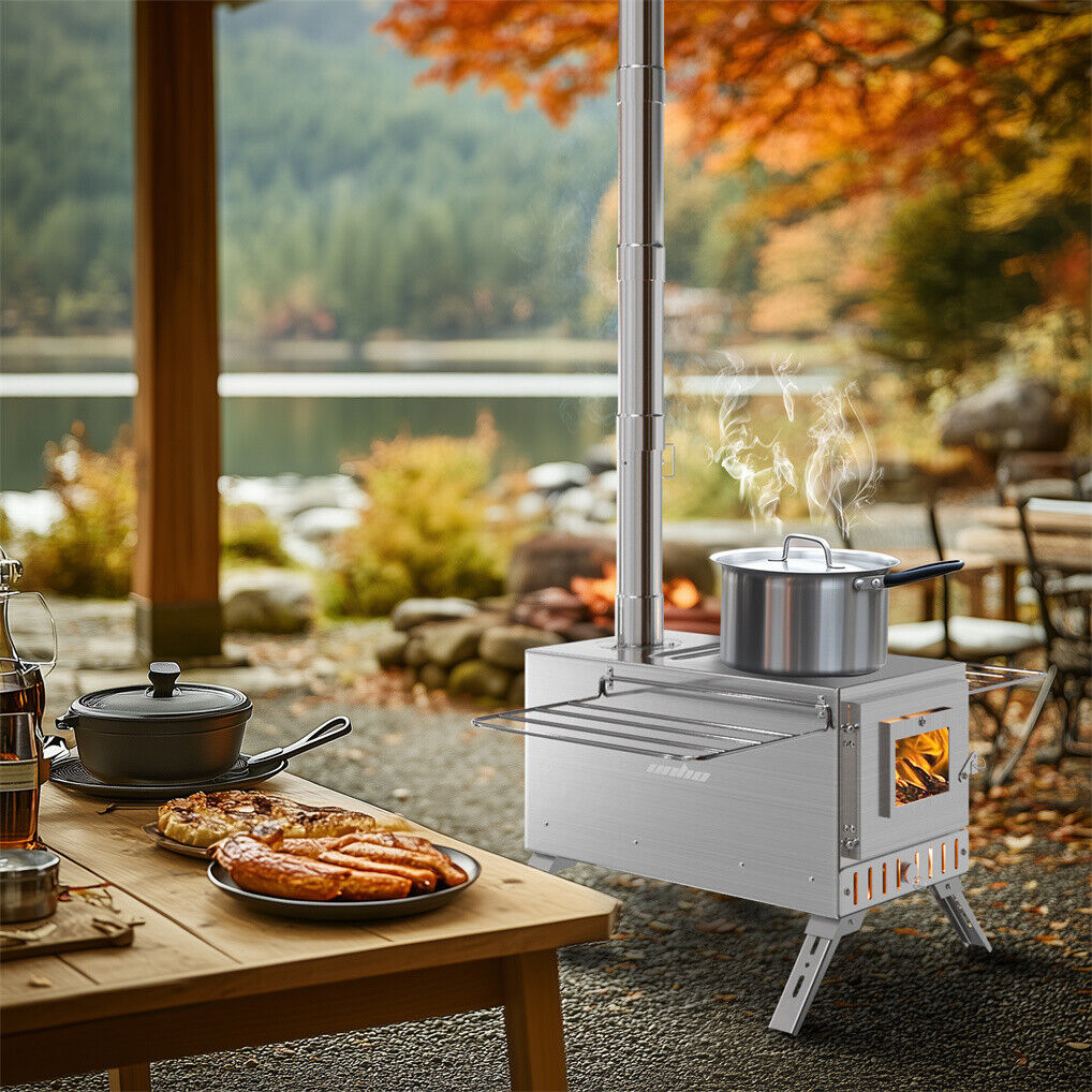 Stainless Steel Wood Burning Stove 1 Burner Camping BBQ with Chimney 7