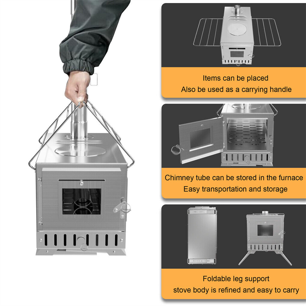 Stainless Steel Wood Burner Stove for Camping w/ Chimney & Bag 10