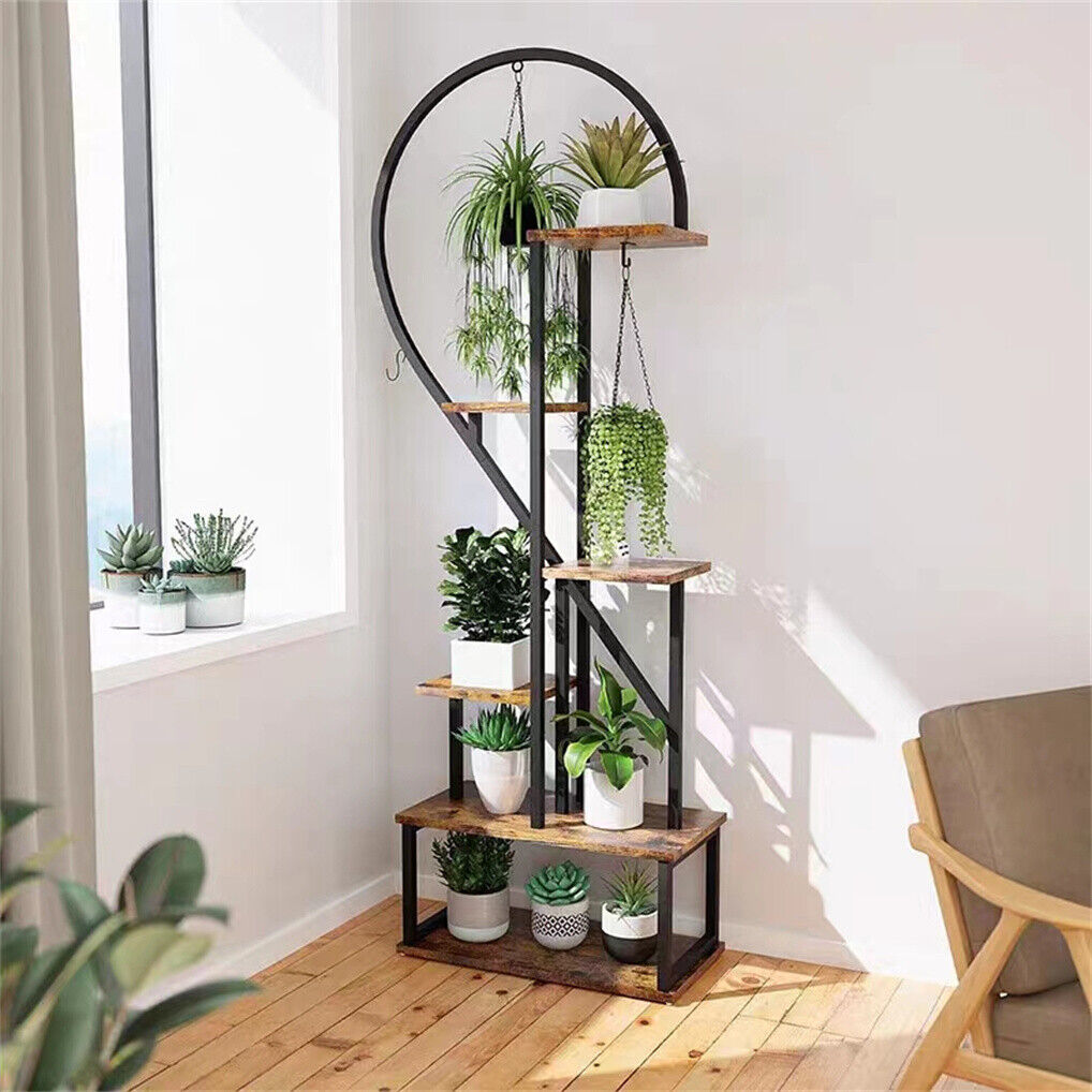 6 Tier Corner Plant Stand Metal & MDF Ladder Shelf Rack 7