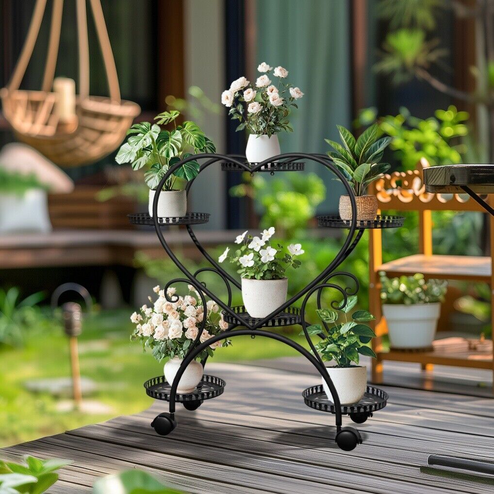 Rolling Metal Plant Stand Indoor Outdoor Garden Display Shelf 4