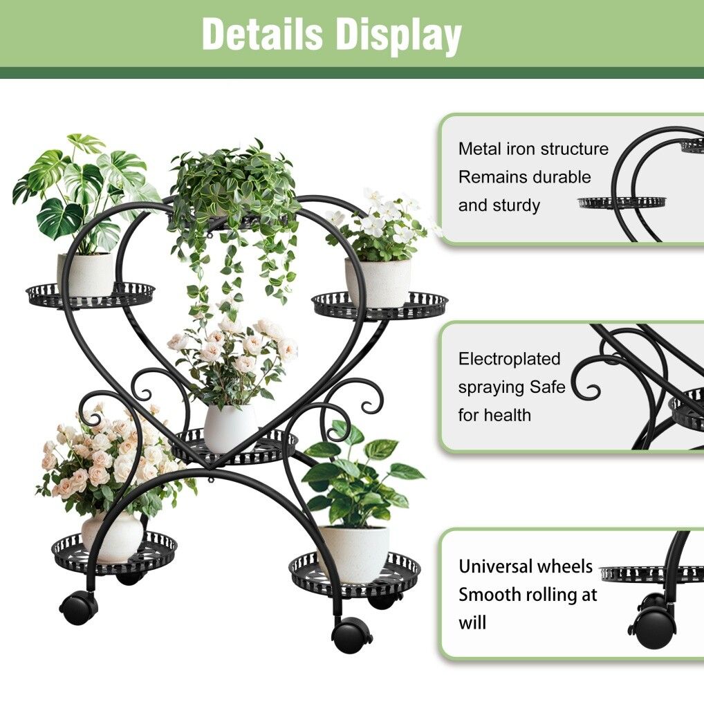 Rolling Metal Plant Stand Indoor Outdoor Garden Display Shelf 6