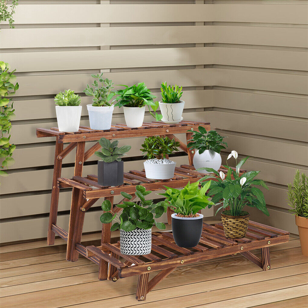 Pine Wood 3pcs Plant Stand Ladder Garden Flower Display 6