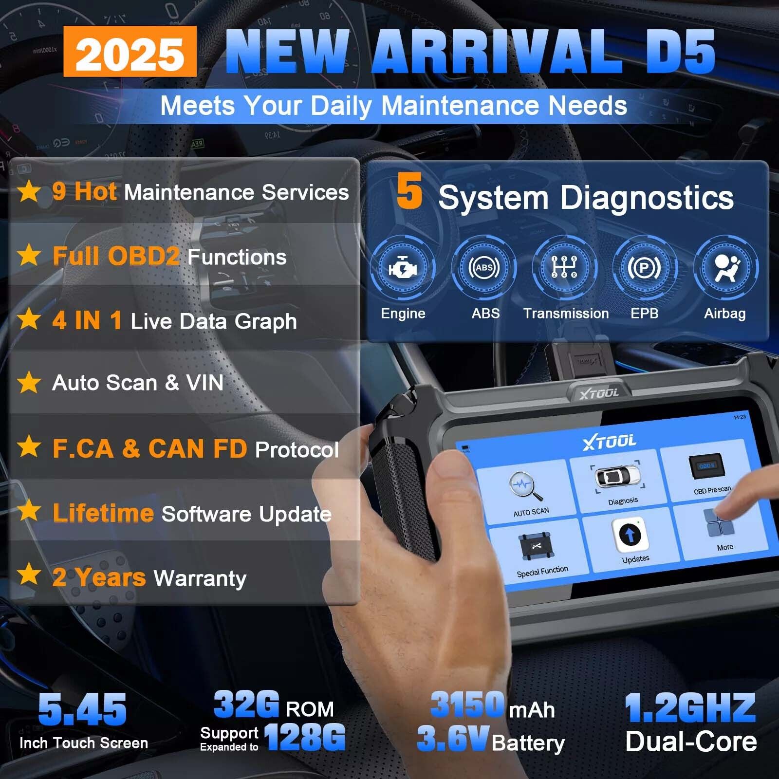 2025 D5 OBD2 Scanner ABS SRS Engine Diagnostic Tool 3
