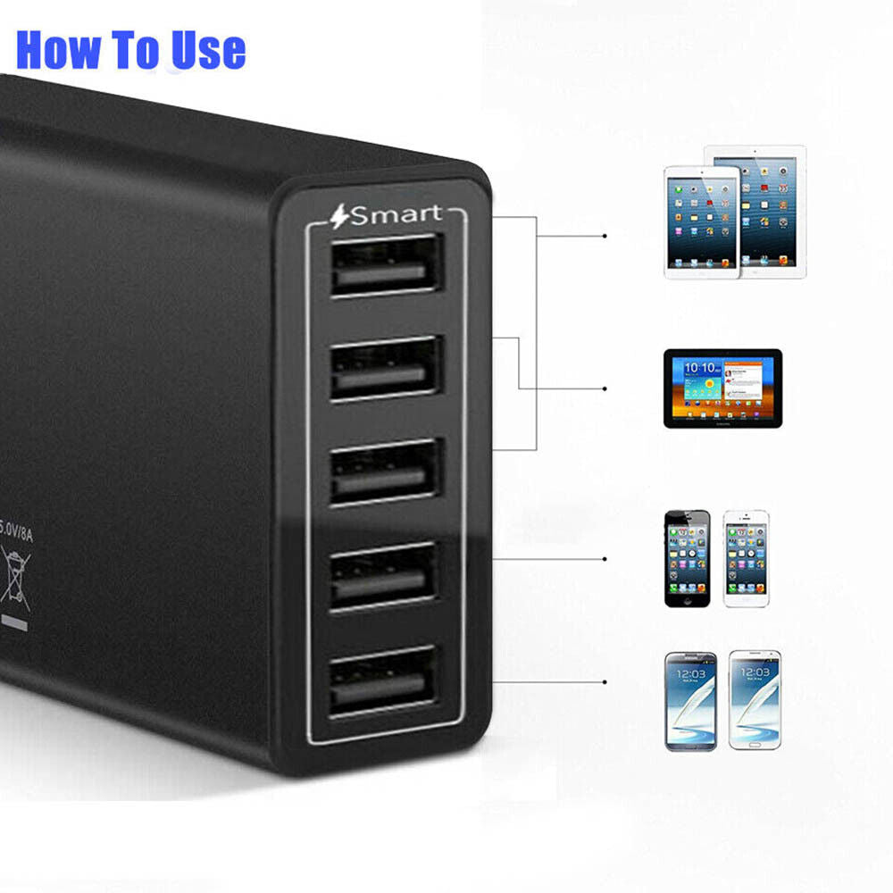 40W 5-Port USB Wall Charger Fast AC Adapter Multi Travel 5