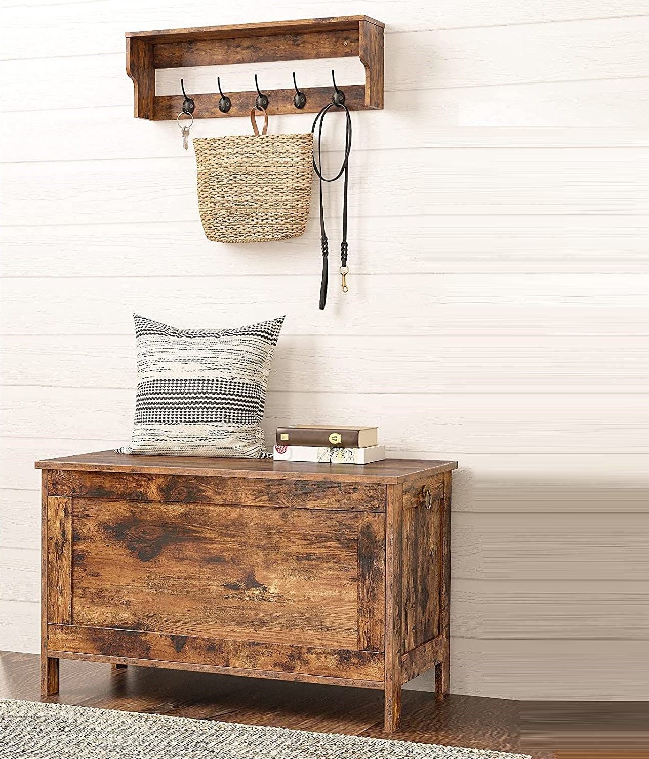 Wooden Sturdy Entryway Storage Bench with Safety Hinge 7
