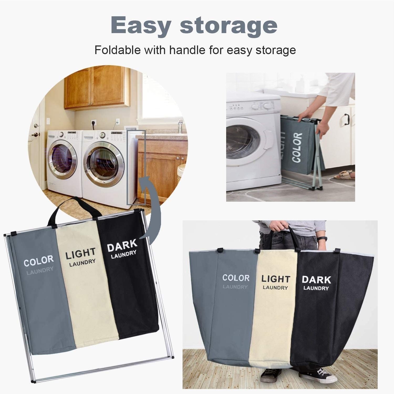 3 in 1 Large 135L Laundry Clothes Hamper Basket with Waterproof bags and Aluminum Frame (Multi) 4