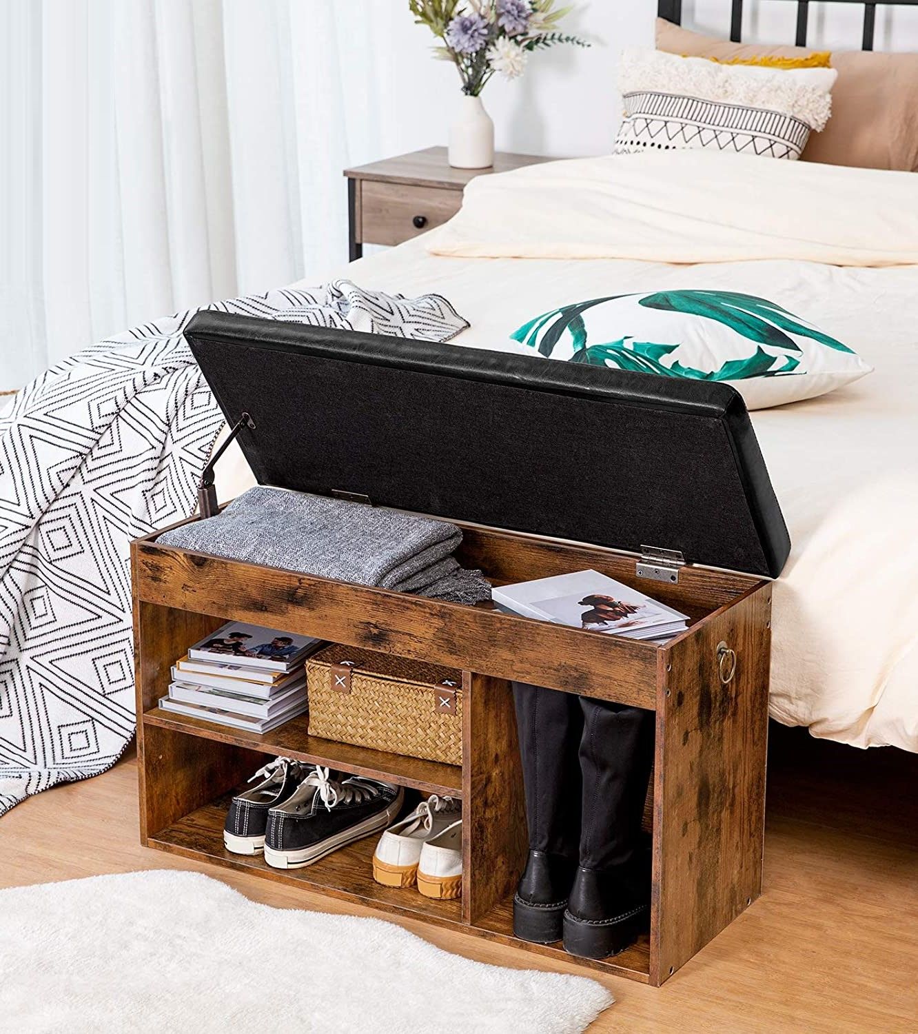 Shoe Storage Bench with Padded Cushion,Flip-Open Storage Box and Adjustable Shelf for Entryway and Living Room 7