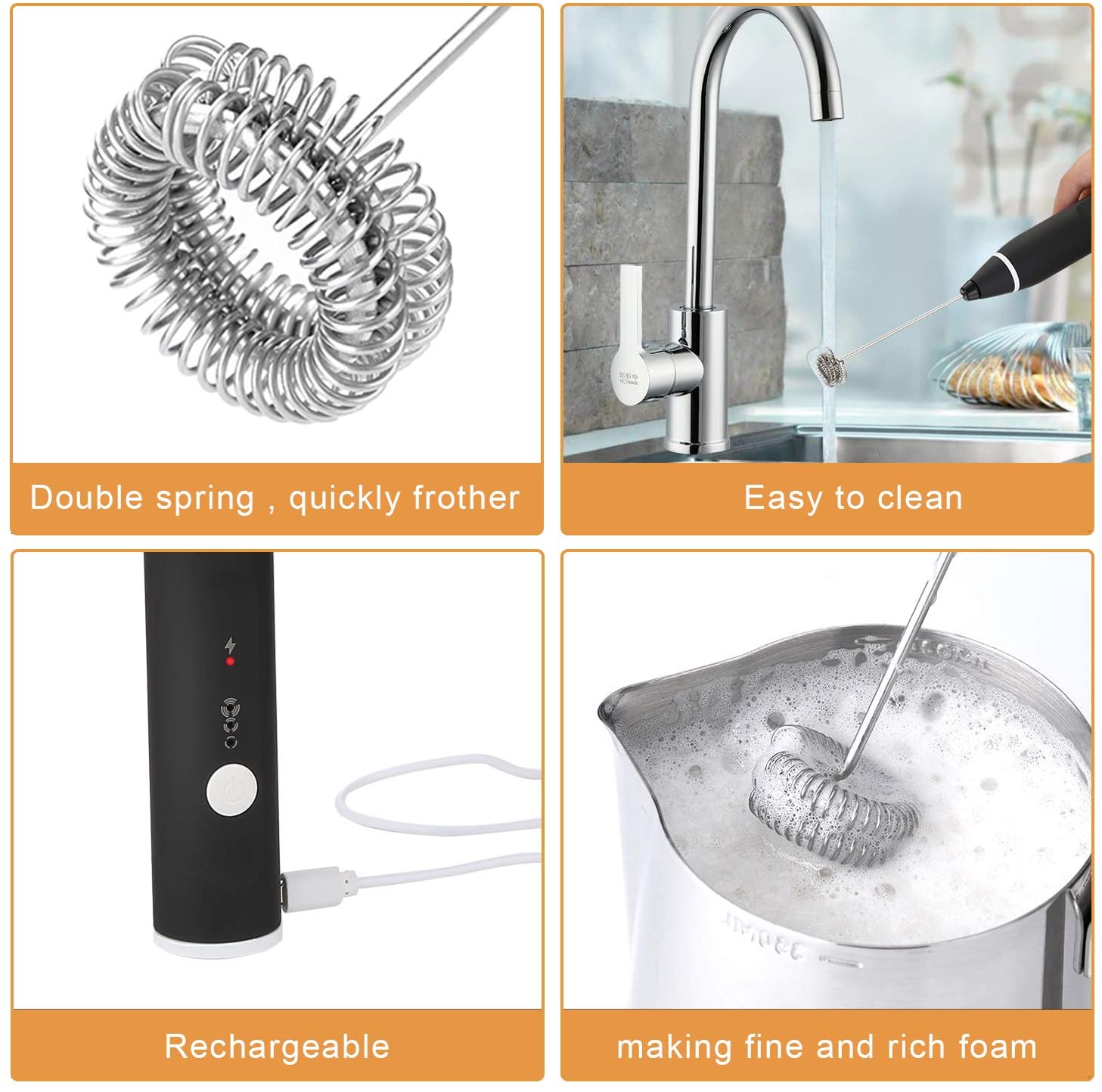 Black Rechargeable Electric Milk Frother Handheld (3 Speeds) 3