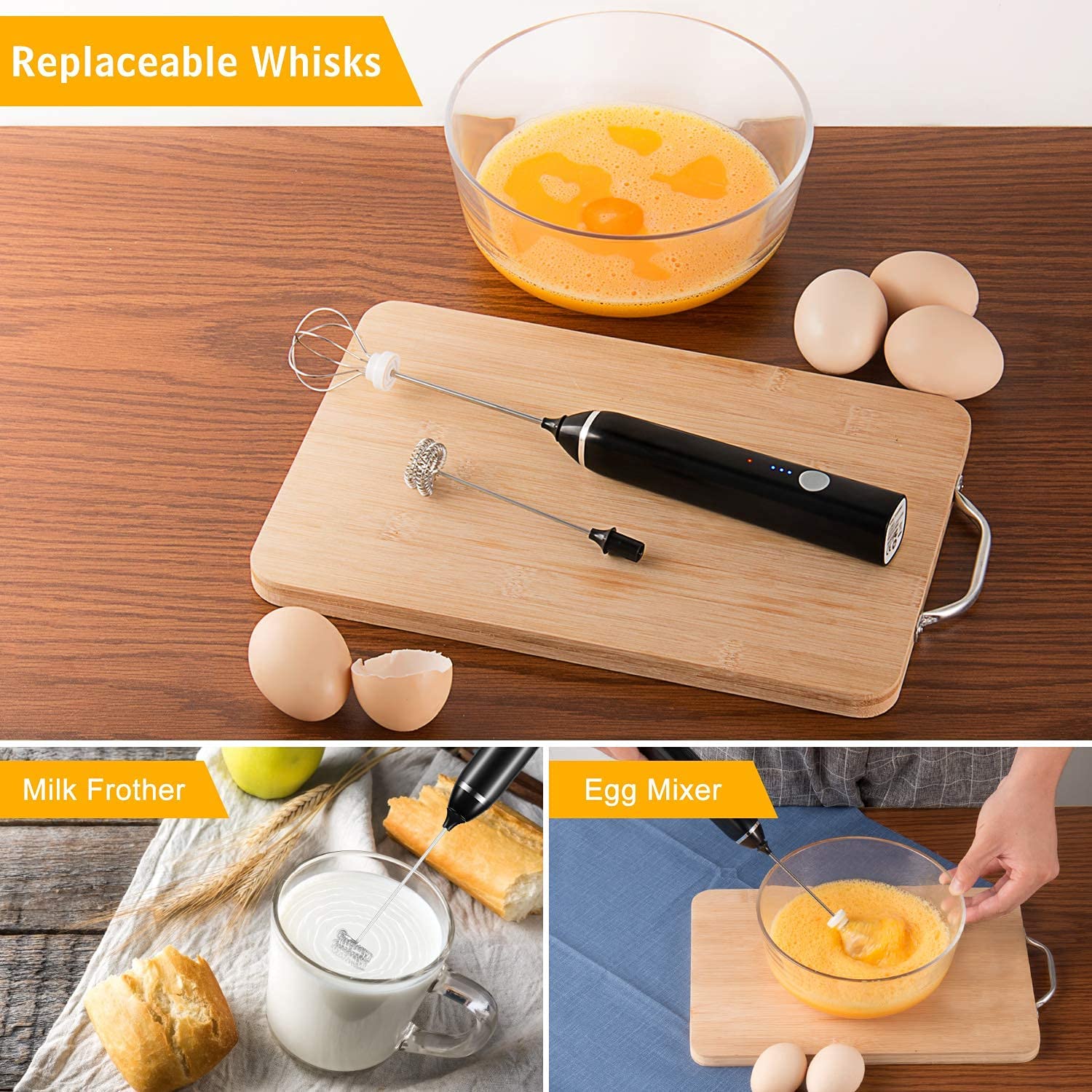 Black Rechargeable Electric Milk Frother Handheld (3 Speeds) 4