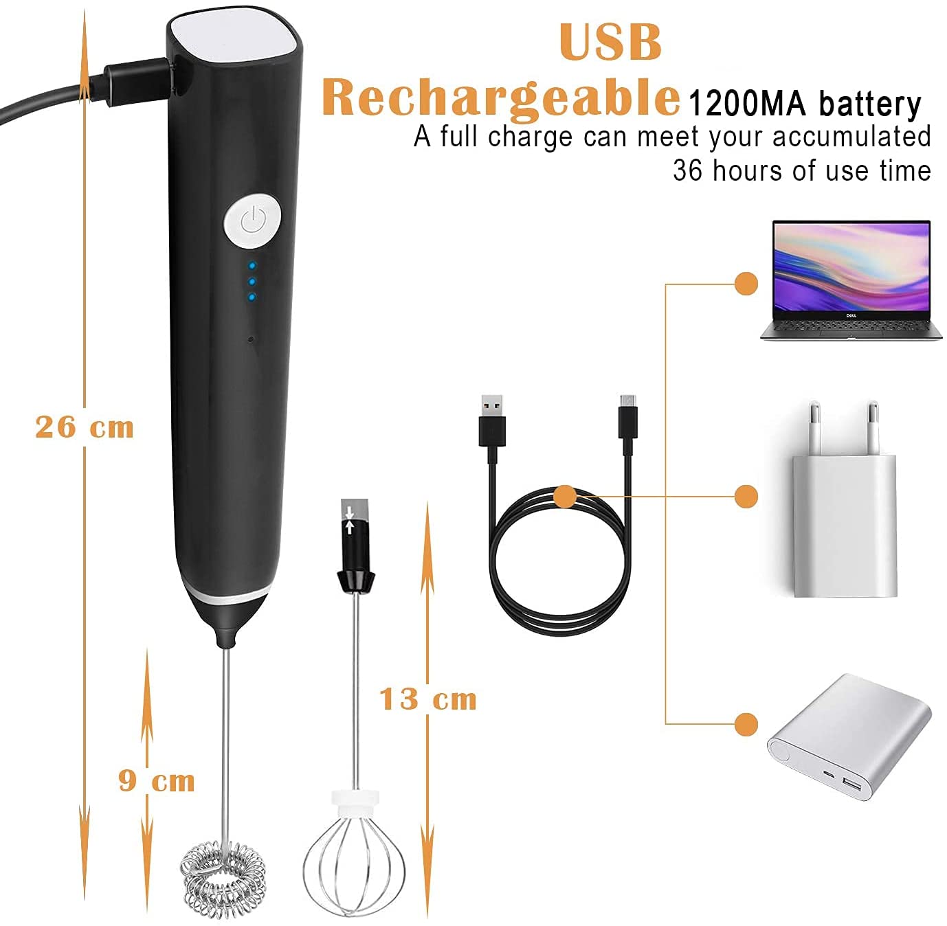 Black Rechargeable Electric Milk Frother Handheld (3 Speeds) 5
