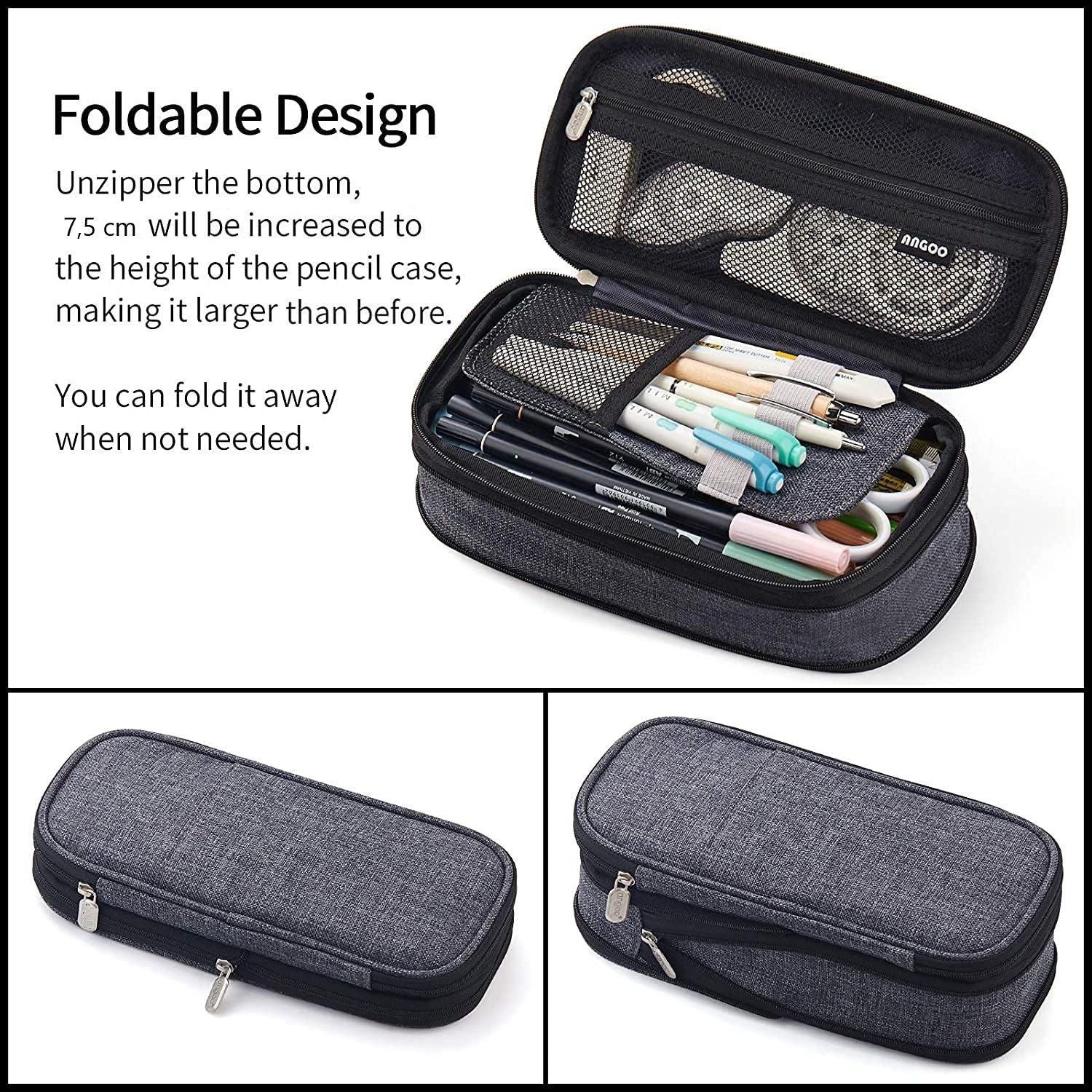 Foldable Large Capacity Pencil Bag for Youth School (Grey) 3